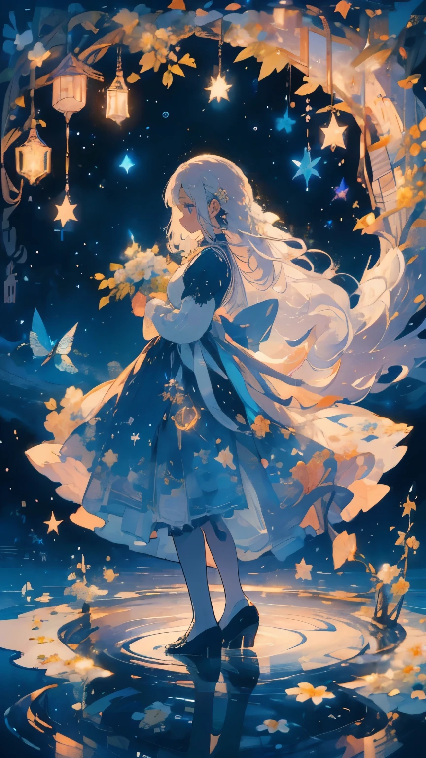 (Mastepiece), (Best Quality), Very detailed, 1 girl, (Full body solo shot:1.5), Perfect Face, beautiful girl, Very detailedな顔,(White hair long hair:1.5),(blue eyes:1.4),(Lots of butterflies々:1.2)、(Lots of white flowers:1.4)、(Lots of blue butterflies々:1.3)、(Sparkling:1.3)、moonlight、流れstar、(night、star空:1.4)、Crescent Moon、star々、moonlight