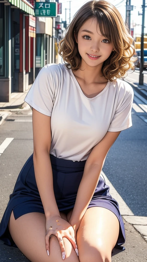 ((masterpiece)),(((Highest quality))),,Thin thighs,Long legs,A very cute 20 year old young woman from Japan..., ((Light hair between brown and blonde)), ((Sidewave shorthair)),Medium bust size、Small breasts、 (((Please wash your hands))),(Curly Hair),(((A very kind smile))) Highly detailed lips, Beautiful Eyes, City Street,Close-up,