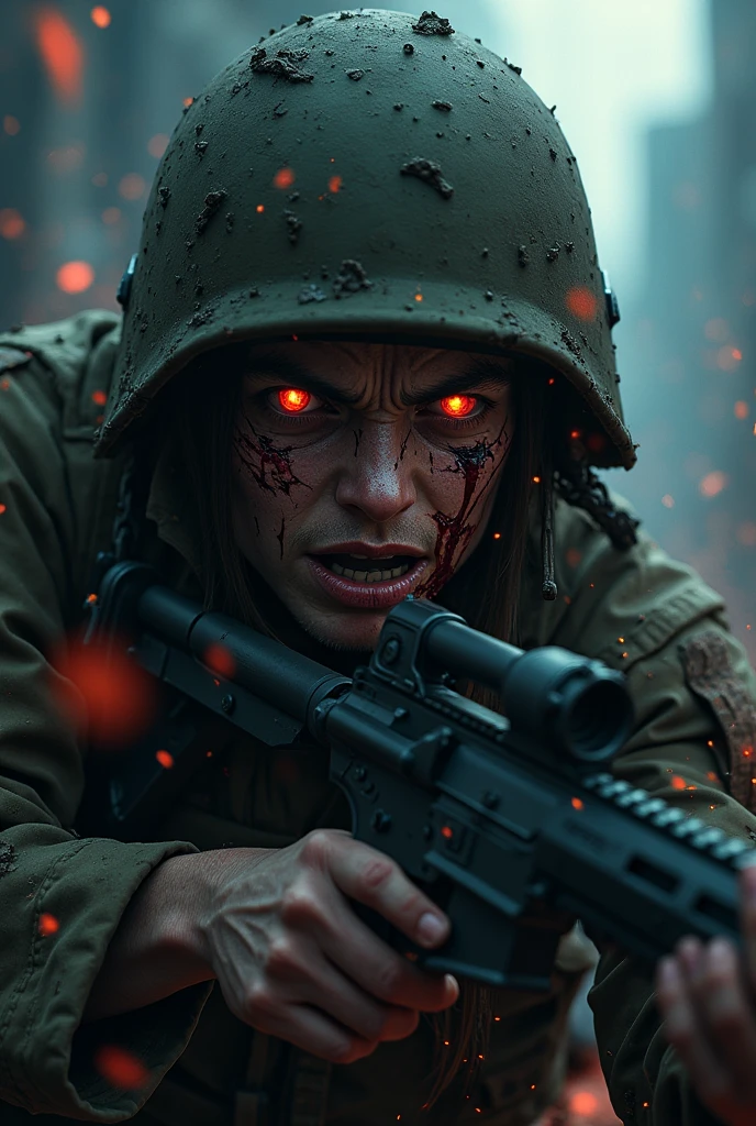 A scary wounded armed solder in anime style
More scary deadly in theam a little close look a little bit more closer 



