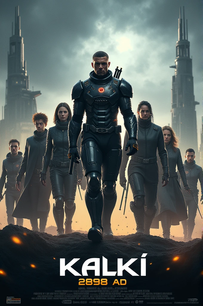 Create a highly detailed movie poster that showcases a futuristic, dystopian world set in the year 2898 AD. The central character should be a heroic figure clad in advanced armor, standing confidently with a powerful, determined look. Surrounding him, depict various other characters, each with unique futuristic attire, ranging from warriors to scientists, hinting at their roles in this epic saga. Include elements of a war-torn, technologically advanced landscape in the background, with towering structures and a dark, ominous sky. The title "Kalki 2898 AD" should be prominently displayed, with a sleek, modern font that complements the futuristic theme.