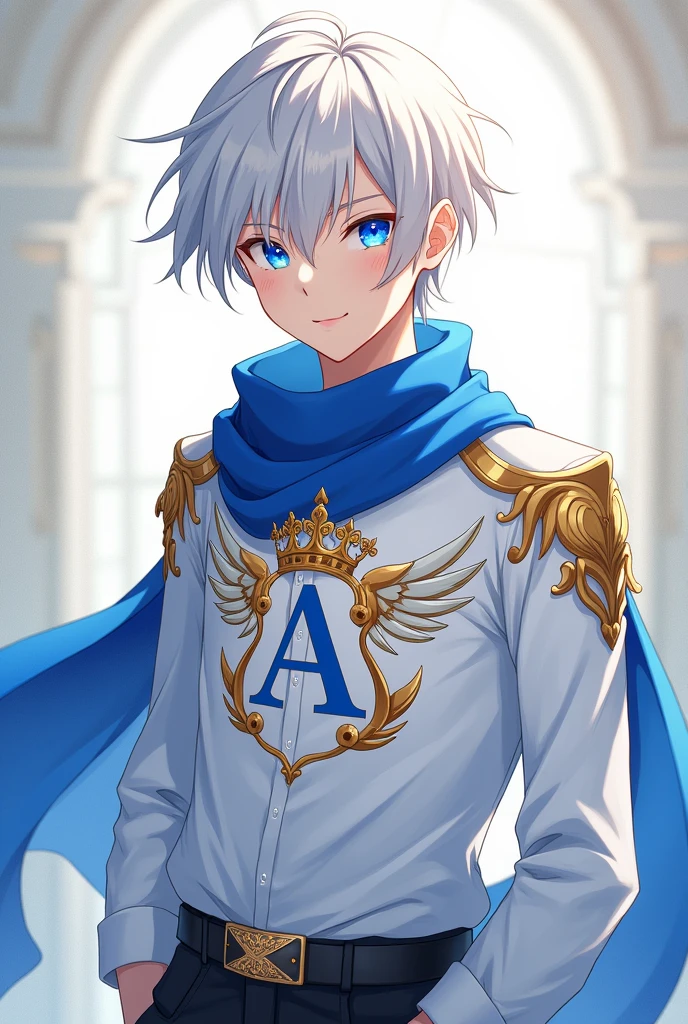 Make a male anime character with short white hair blue eyes male smiling with a blue scarf white shirt with the letter A printed on the shirt with wings on the side of the letter A and a crown on top of the letter A