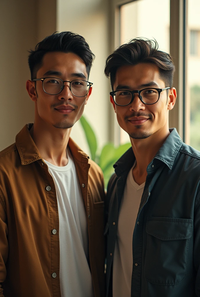 (photorealism:1.2), two beautiful mans, glasses, peruvian, university, tall, short hair, "no beard", casual clothing, engineers, soft lighting, relaxed pose, realistic, intricate details, warm colors, by Greg Rutkowski, by Alphonse Mucha