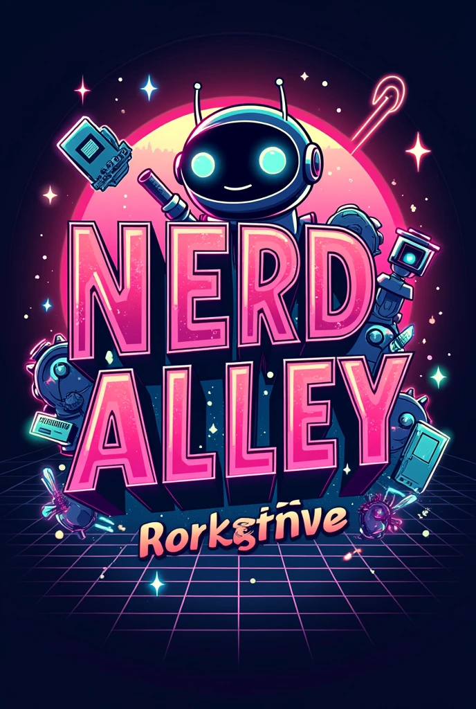 a banner with the title "nerd alley" e o slogan "a space for all lovers of the nerd universe" and with these characteristics: Paleta de cores:
neon glowing: neon pink, Green Lemon, electric blue and vibrant purple.
sharp contrast: fund escuro (Black or Navy Blue).
Typography:
Retro style: 80s fonts with 3D outlines and shadows.
Neon Effect: Letters with glitter and gradients.
Graphic elements:
Pop Culture Icons: Video game consoles, comic book characters, Geek References.
geometric forms: stele, rays and circles.
fund:
Gradients and Textures: Night sky or sunset.
Retro Grid Style: Old game patterns.
Composition:
Visual balance: Balanced distribution of elements.
Center the Message: Name “Nerd Alley” highlighted with slogan below.
Additional Effects:
Brightness and Shadow: Effects that create depth.
Mascot or Character: A stylized robot or alien.
Format and Size:
Adequate Dimensions: For example, 600x1200 px para digital.
high resolution: Avoid pixelation.