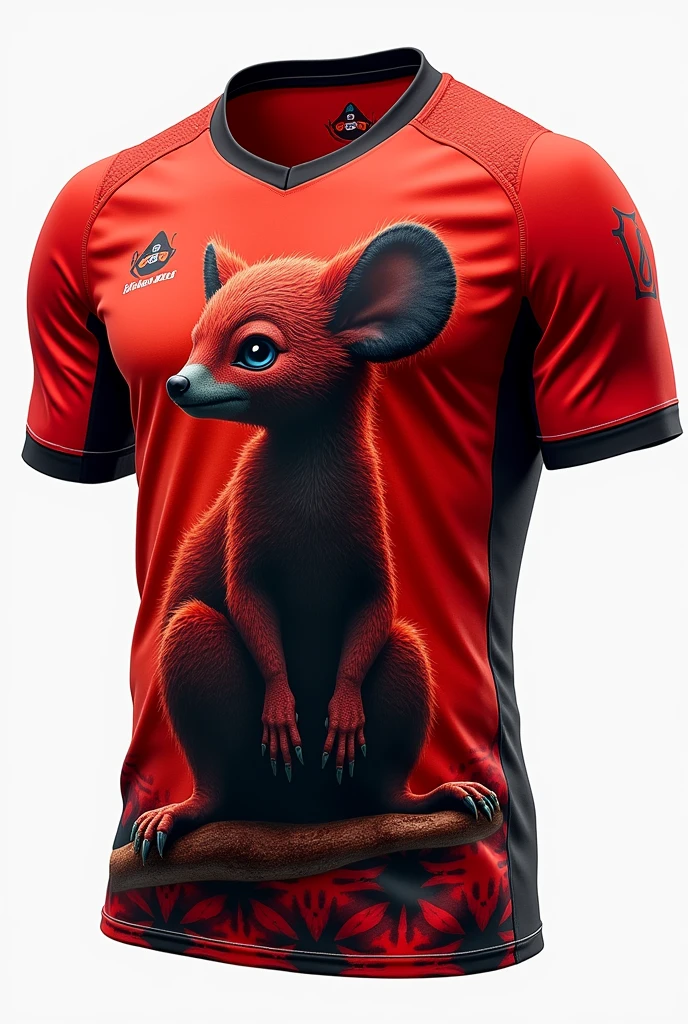 An olingo animal team jersey with predominantly red color
