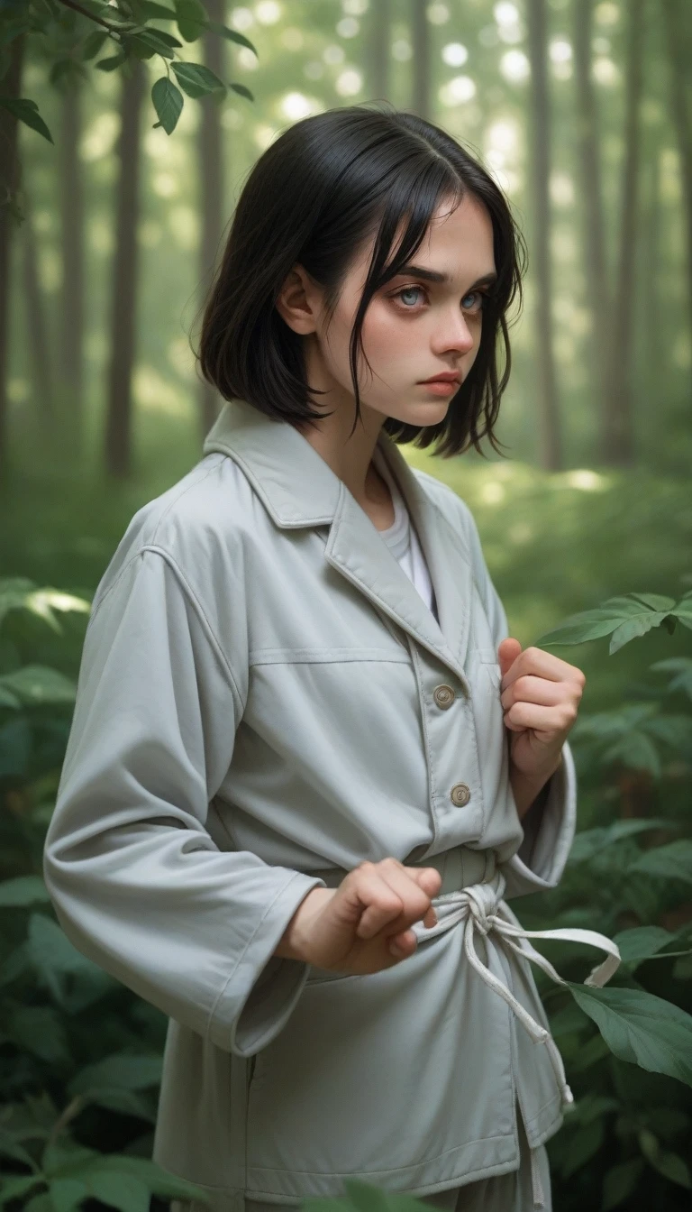A young woman with long, straight black hair and pale lavender eyes, wearing a soft, light gray jacket with a high collar. Her hair flows gently in the breeze, framing her serene and determined expression. Her skin is fair, and she has a slightly shy yet strong demeanor. She stands in a forest clearing, with dappled sunlight filtering through the leaves, casting delicate shadows on her face. Her hands are positioned in front of her as if she's about to perform a martial arts move, showcasing her graceful yet powerful stance. The background features lush greenery and tall trees, adding a sense of depth and tranquility to the scene. The overall atmosphere conveys a mix of strength, calm, and determination.