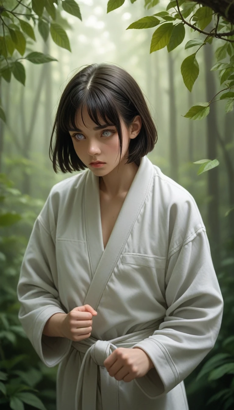 A young woman with long, straight black hair and pale lavender eyes, wearing a soft, light gray jacket with a high collar. Her hair flows gently in the breeze, framing her serene and determined expression. Her skin is fair, and she has a slightly shy yet strong demeanor. She stands in a forest clearing, with dappled sunlight filtering through the leaves, casting delicate shadows on her face. Her hands are positioned in front of her as if she's about to perform a martial arts move, showcasing her graceful yet powerful stance. The background features lush greenery and tall trees, adding a sense of depth and tranquility to the scene. The overall atmosphere conveys a mix of strength, calm, and determination.