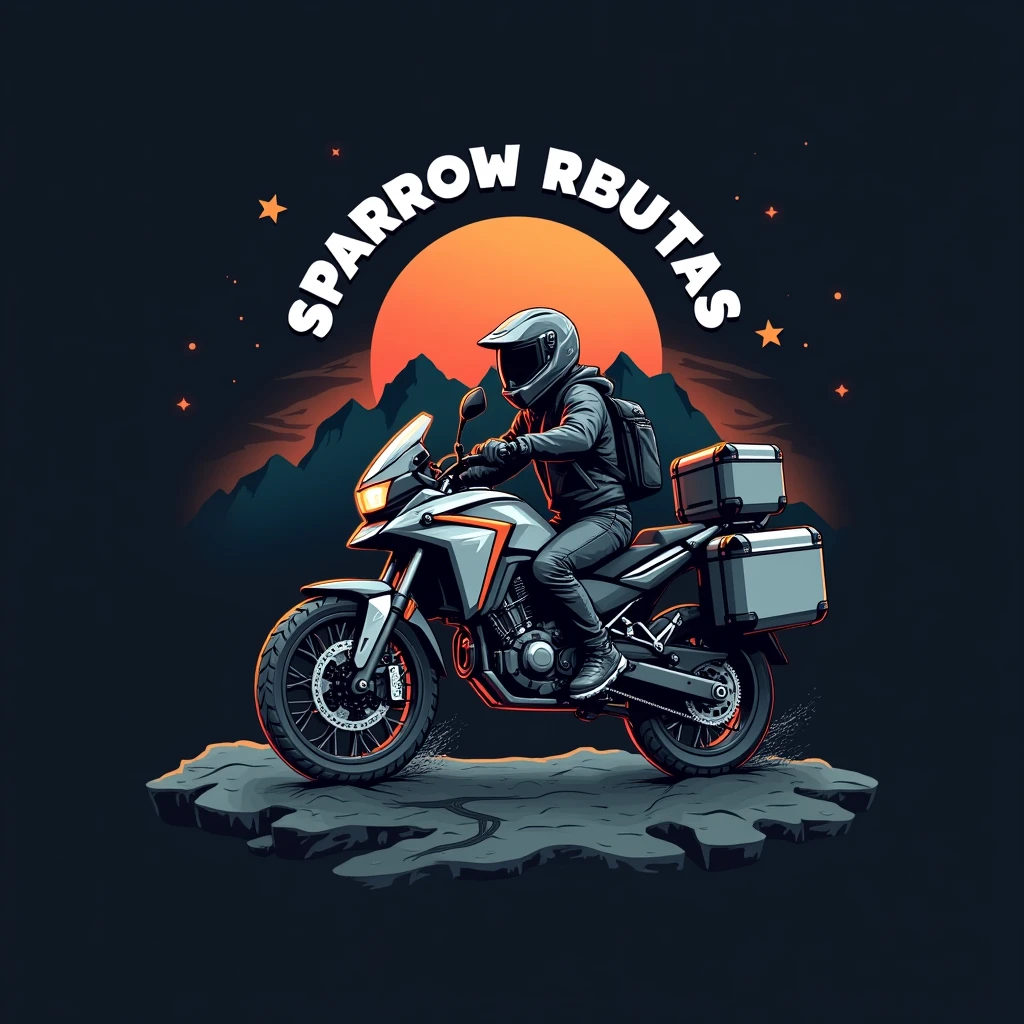 ((Honda NC750X 2016 model year:1.5)) , ((dynamic angle)), ((motorcycle with suitcases)), ((a motorcycle)), (((crear un Logo vectorizado with white border de una moto Honda modelo NC750X))), color dark background, Vectorized style, Logo vector art, Diseño de Logo, simple and clean illustration, Logo, Logo, a circular logo , with white border, dark background, With the name "SPARROW RUTAS" a estilo gammer , mountain and roblox