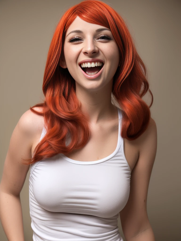 ((bailey_jay)), real scene, atmospheric, masterpiece, best quality, (detailed skin texture, ultra detailed body), 1 girl, solo, breasts, realistic, jewelry, long hair, smile, blurred background, tank top , full body view, blurred, teeth, orange hair, lips, white tank top, open mouth, shirt, black hair