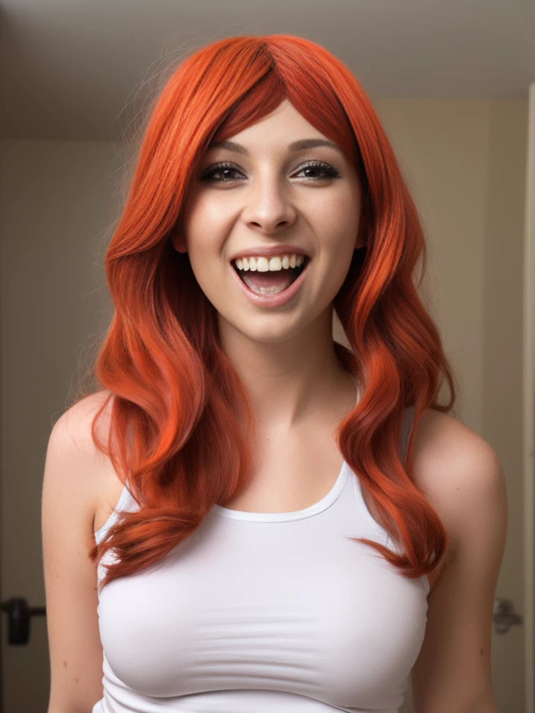 ((bailey_jay)), real scene, atmospheric, masterpiece, best quality, (detailed skin texture, ultra detailed body), 1 girl, solo, breasts, realistic, jewelry, long hair, smile, blurred background, tank top , full body view, blurred, teeth, orange hair, lips, white tank top, open mouth, shirt, black hair