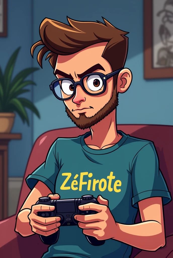 I want a cartoon drawing of a serius man with small beard with glasses with a video game controller in his hand and wearing a t-shirt with Zé Firote written on it.