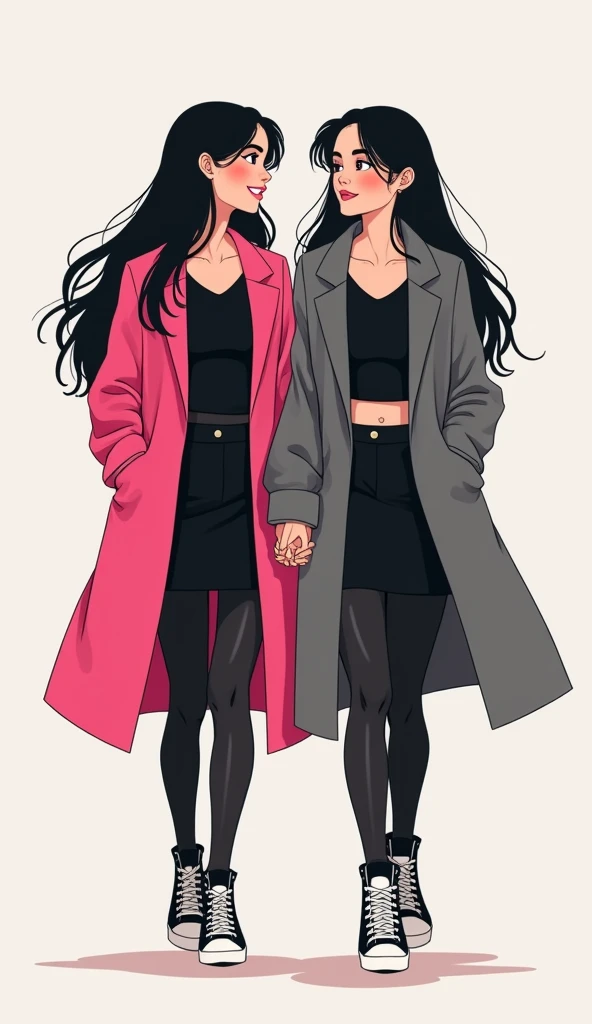 Two young women long black hair, yuri, same height.

The first young women wear a long hot pink coat, The second young women wore a long grey coat, they are wearing the black shirt, black pencil skirt, black underpants, long black tights, medium black socks, white nike sneakers high top, walking, holding a hands, smiled, light grey background, cartoon novel, 4K, HD