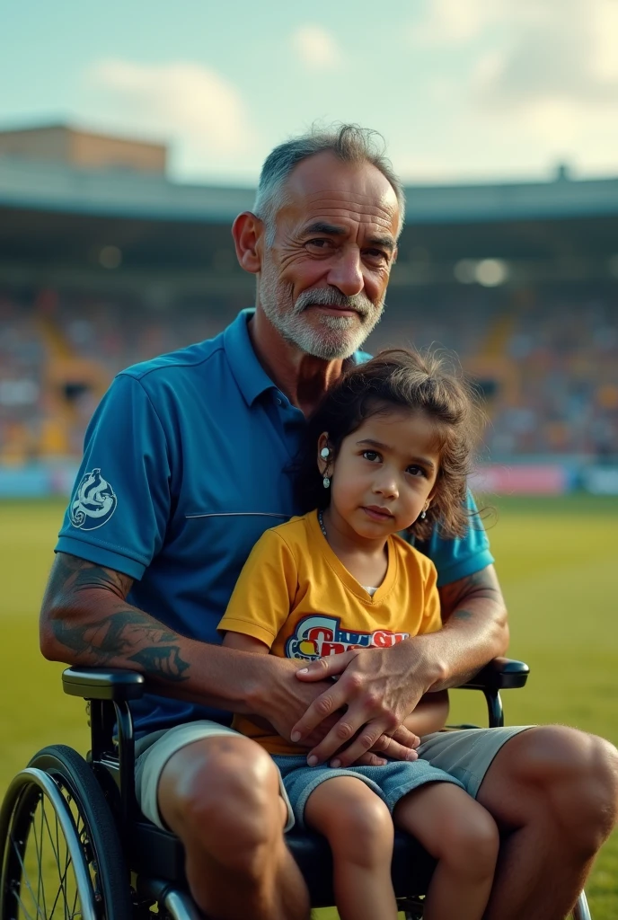 Javier, 3 Colombian man - Thin body due to his Leukemia - Tattooed arms - Soccer field stadium - With a blue shirt, his favorite team - Ear plugs - Short hair - Dark circles under his eyes - Sitting in a wheelchair - Looking at the camera to speak directly and his daughter to  sitting on his laps   

 
