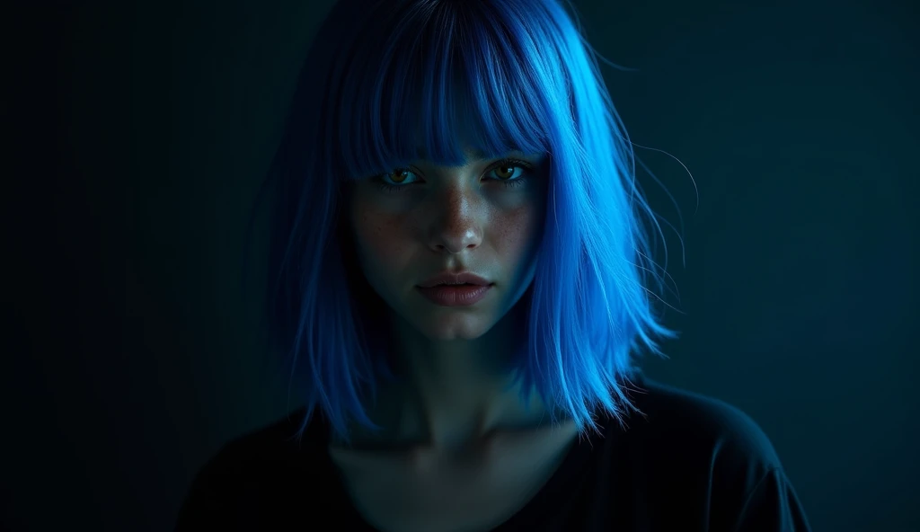 A teenage girl with striking blue hair stands against a dark background. It creates a strong contrast that instantly draws attention to her. The lighting was stunning, with a focused beam illuminating her face and hair. Casting a deep shadow that emphasizes the shape of her features and a bright hair color. The rest of the background remains in darkness. It adds a sense of mystery and intensity to the scene. Dramatic lighting highlights the texture of her hair. Creates a bright, almost radiant glow The overall composition focuses on play. between light and shadow The girl's expression was partially hidden. Add depth and interest to images The scene is photographed in a balanced style. Making sure that every detail From her blue hair to the subtle nuances of the light on her skin. was expressed in detail Create powerful and captivating images