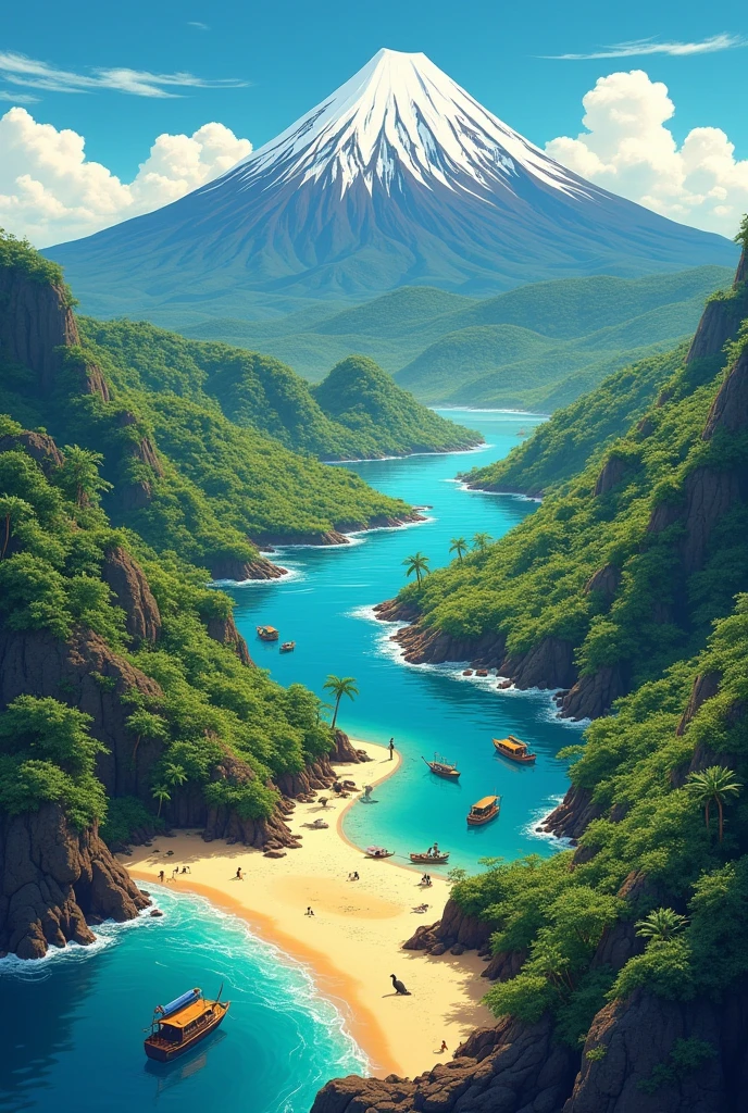 "Illustrates the diversity of Ecuador by showing its four worlds in a single image. On top, the majestic Andes mountains with snow-capped volcanoes, like Cotopaxi, surrounded by green valleys. Aside, the Amazon, with dense jungle and winding rivers, where you can see exotic animals and indigenous communities. On the bottom, the coast with golden beaches bathed by the Pacific Ocean, Fishing boats and seafood dishes Finally, shows the Galapagos Islands, with its unique fauna such as turtles. giants, Marine iguanas and sea lions, all under a blue sky that one of these landscapes in a single country."