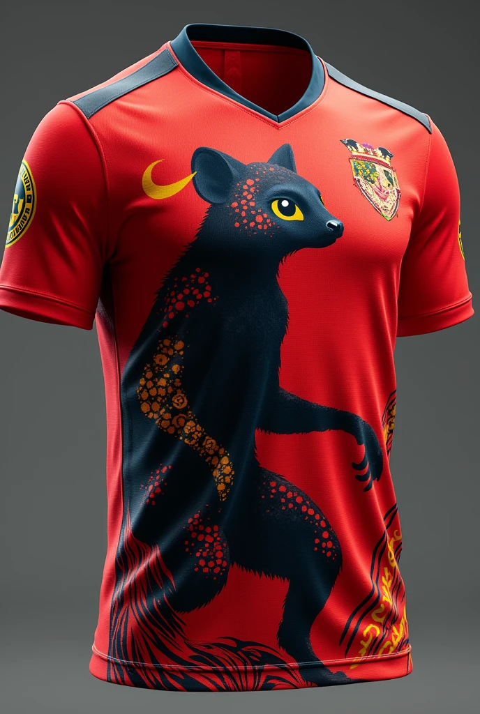 An olingo animal team jersey with predominantly red color