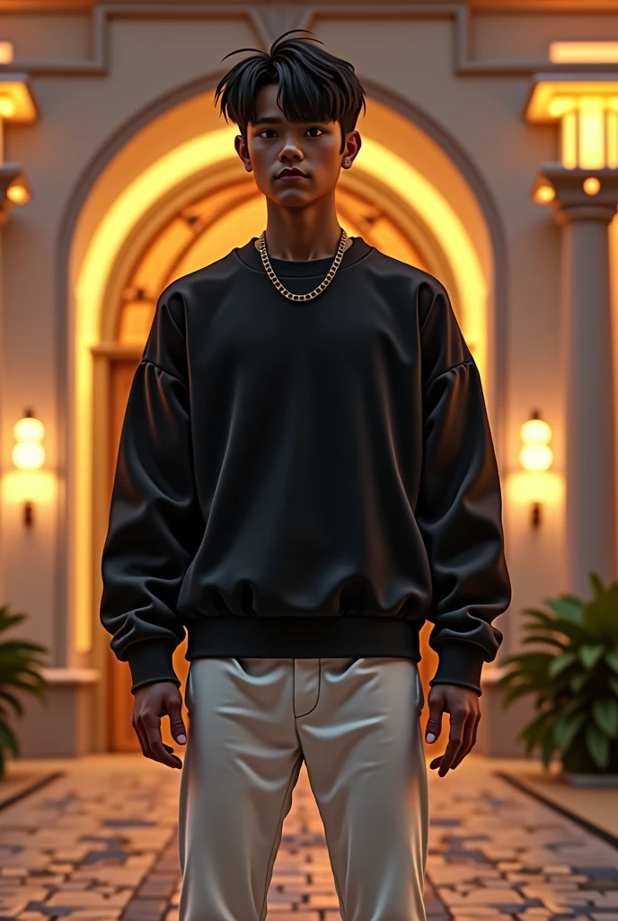 adolescent homem vestido de black sweatshirt. black jersey, e White pants, with short hair down to the neck, brown skin, Bblack hair, do lado de fora de um luxury hotel muito bem iluminado, a camera está no chao mirando no adolescent com o hotel atras, adolescent, brown skin, dark hair, black sweatshirt, black jersey, White pants, hair up to the neck, hotel, luxury hotel, Lighting, 