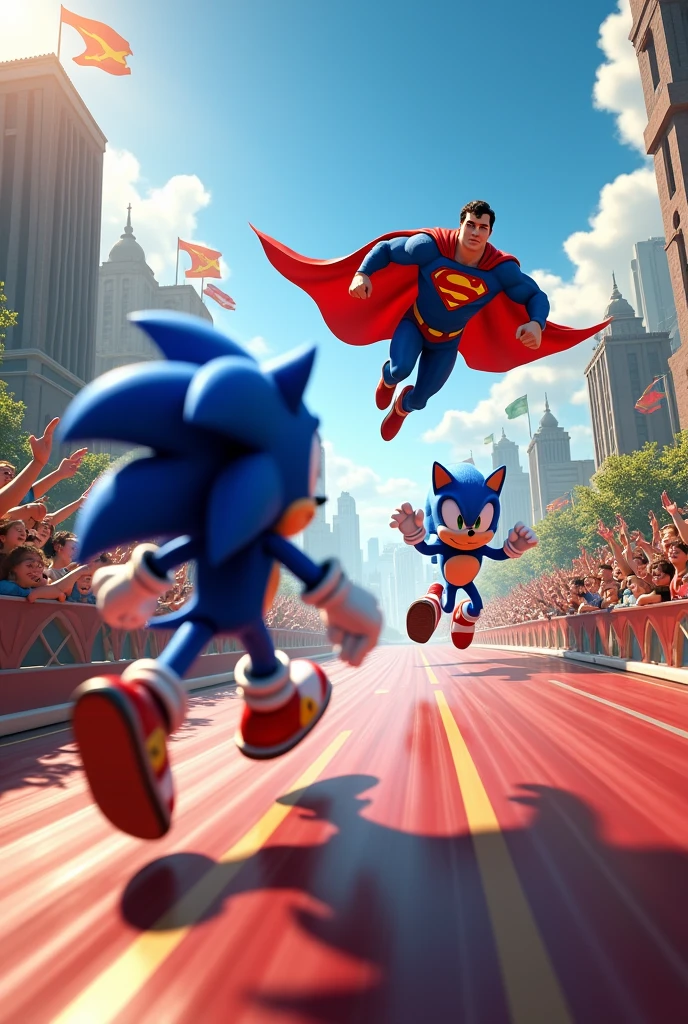 There is a race going on between Superman and Sonic. Many people have come to watch this race and they are happy.