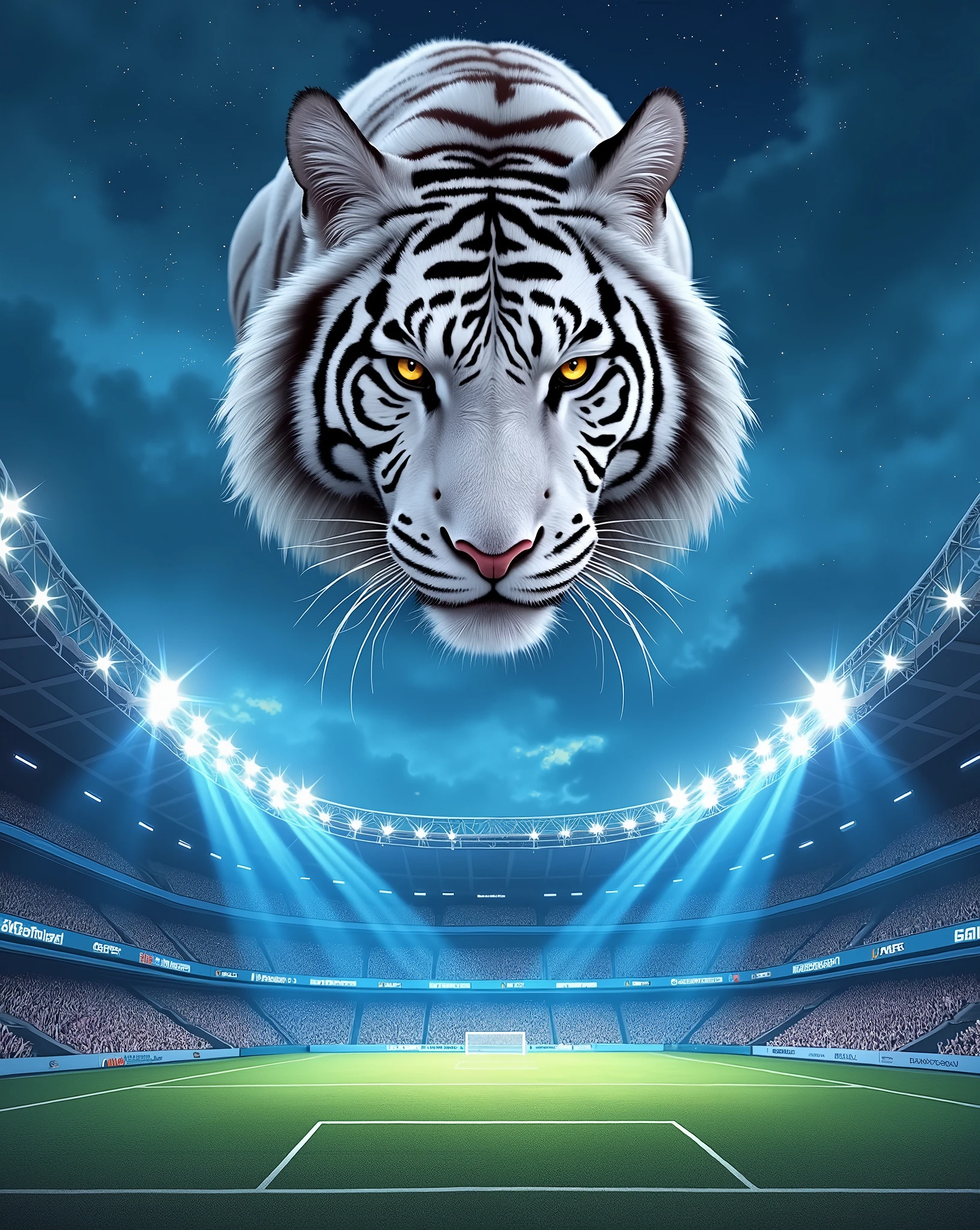Make me a flyer with a football stadium in the background and a beautiful blue night sky with a white tiger on top of the stadium