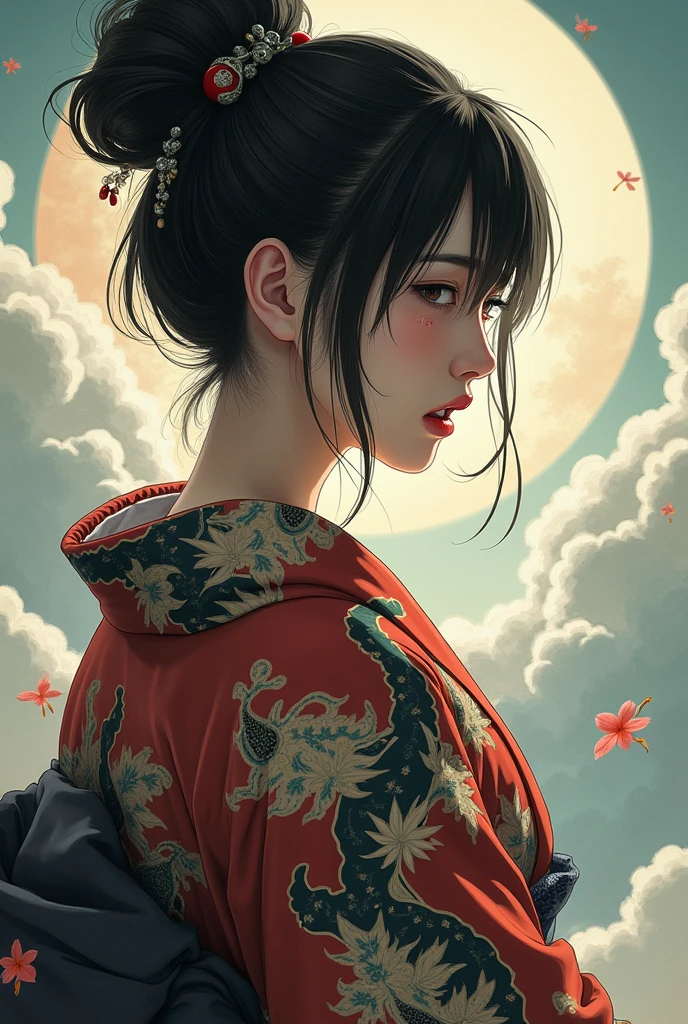 ((Highest quality)), ((masterpiece)), (detailed),One woman, Woman in yukata、Painful face、Back view、Portrait、The pattern on the yukata is demonic、The type of yukata is Arimatsu、Background is heaven
