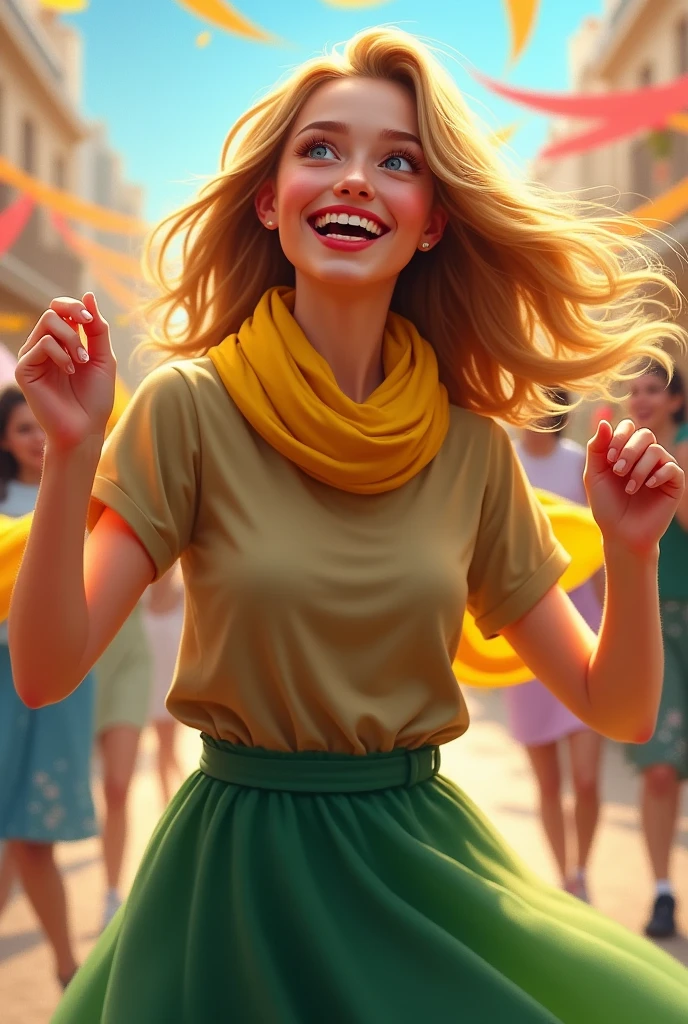 Create a girl with her yellow scarf, khaki blouse and green skirt, that is celebrating