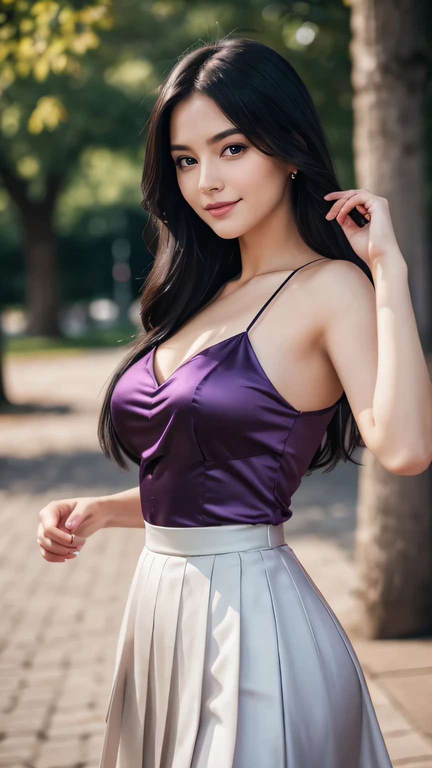 Realistic full body photo of a smiling, beautiful black-haired woman with long hair, She dances in front of the camera in a purple satin spaghetti strap blouse and tight, elegant white pleated skirt ...., fine fabrics, Park,glamour fotoshooting, Park, perfect anatomy, perfect brown eyes. Perfect hands with 5 fingers on each hand, Suitable woman, looking at the camera, 1 Frau. (Eye make up:1.1), (highly detailed skin:1.1), spirit, analog style, keen focus, 8K  UHD, dslr, good quality, Fujifilm XT3, Grain, Award-winning, ​masterpiece. Park