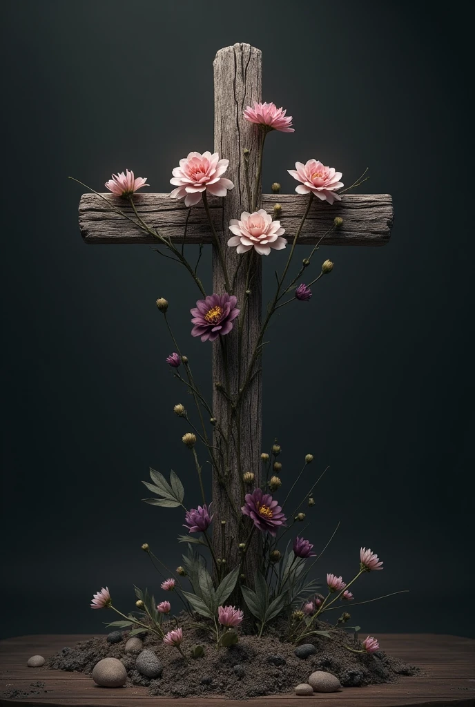 photo for gospel album cover with flowers sprouting from a cross bringing hope, the tones must be dark 