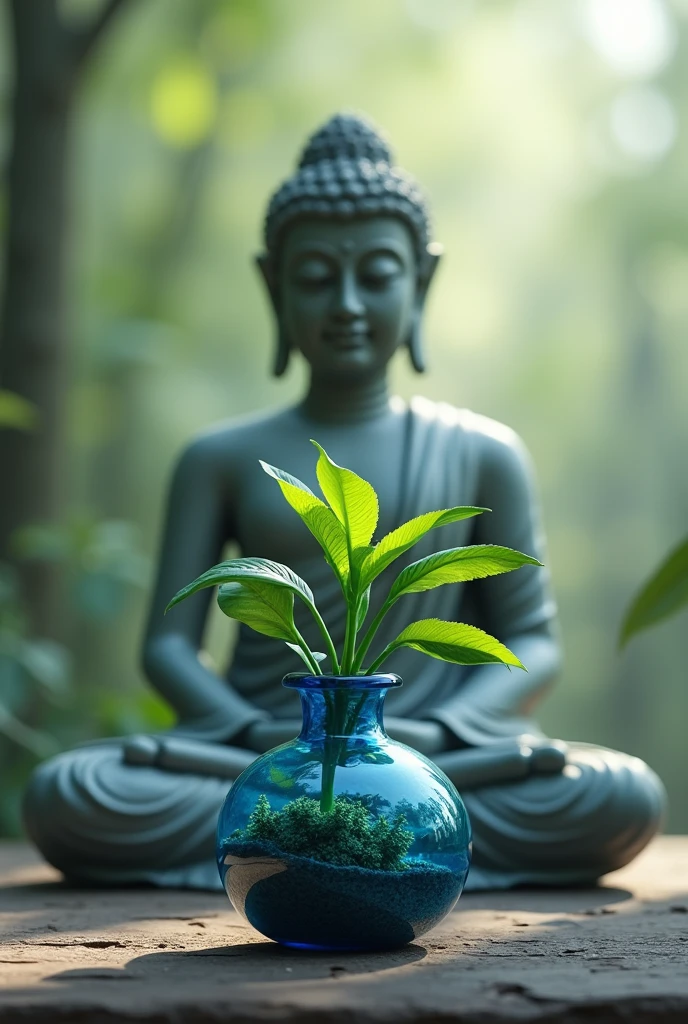 Portrait of gautam budh meditating in background and in main focous generate a blue bottle in which fresh big money plant is available
