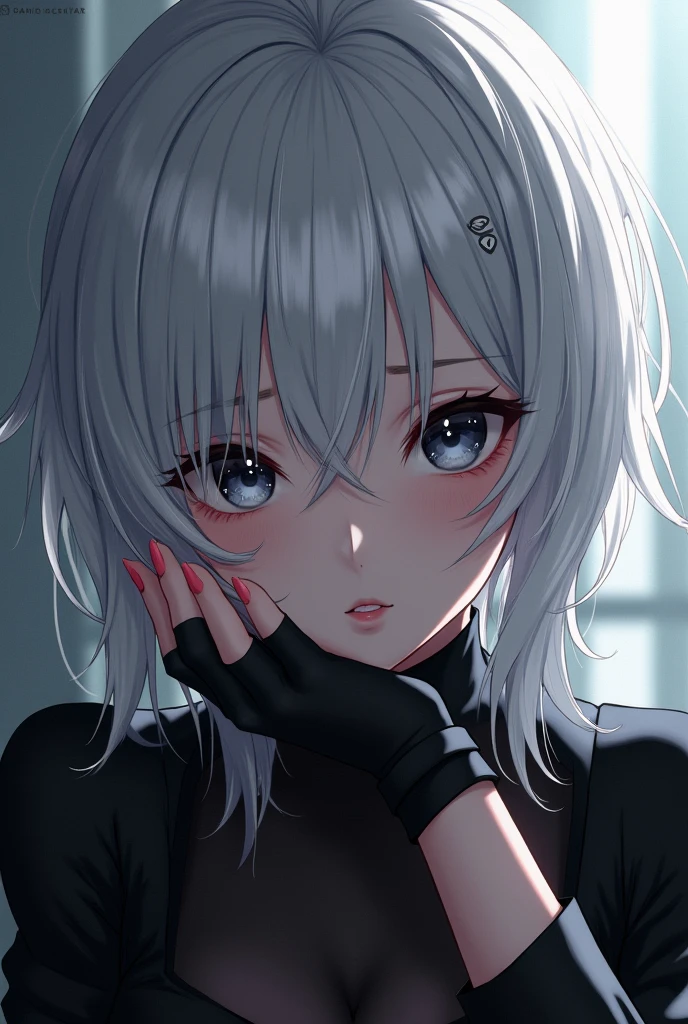 Female, anime style, bored expression, messy hair, white hair, black eyes, black clothing, small boob window, closeup on head, mature face, black fingerless gloves, no sleeves