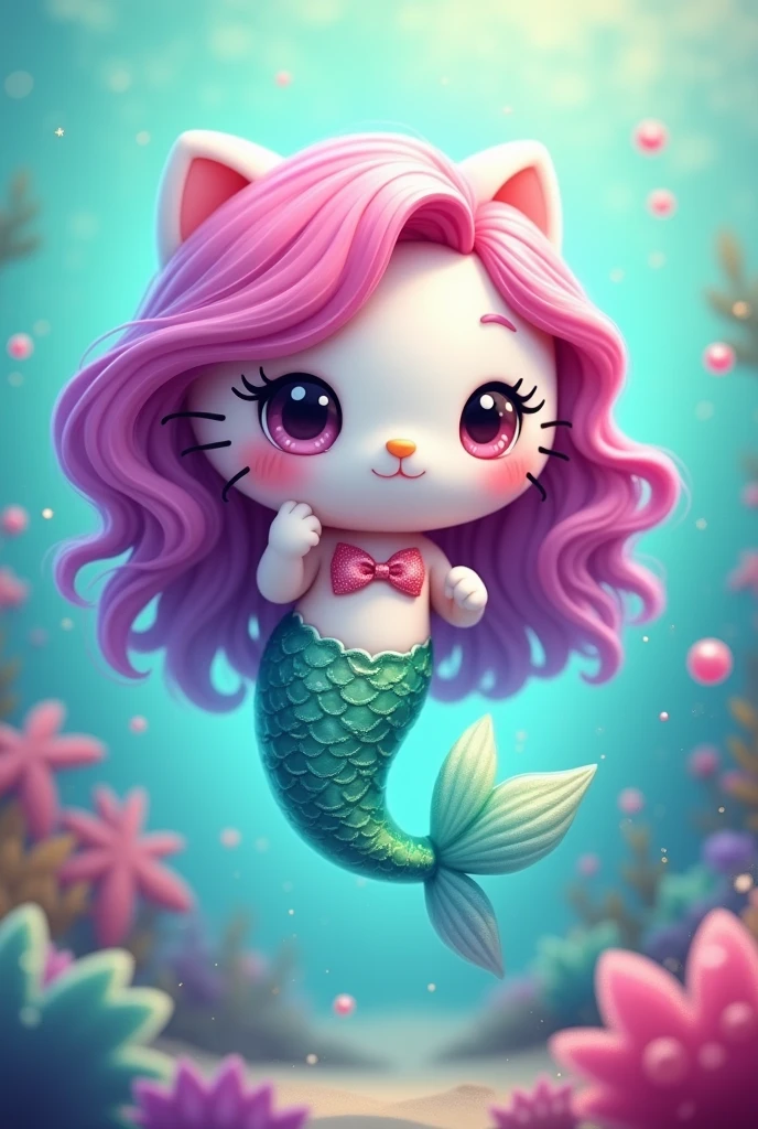 Hello Kitty mermaid, Kawaii Chibi Style, long pink and purple hair. Bright tail in green and light blue tones. 2D drawing. Lisa Frank art style