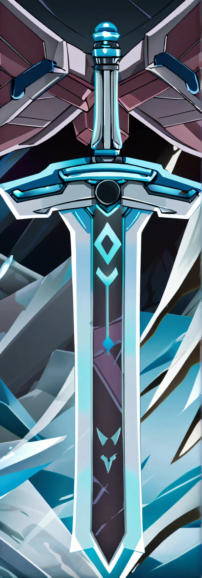 (((full sword))) (foreground)Anime sword with blue and black paint on it in front of a blue background., ghost sword style, dueling style, Void Crystal Obelisk, Armored sword blade, Detailed key anime art, silver ice-colored reflected armor, extreme hyper detail, shining sword, Magic sword, detailed image, Holographic foil!, shining sword