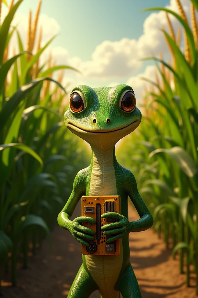 
i would like an image of a character of 'Rango the lizard' standing in the middle of a cornfield. The character should be holding manual counters, like the ones used to count objects or people. The environment should be detailed, with tall, green corn, and the character should be in a pose that reflects that they are counting something important in the field. Additionally, please include a logo of the Dekalb’s corn brand in the image