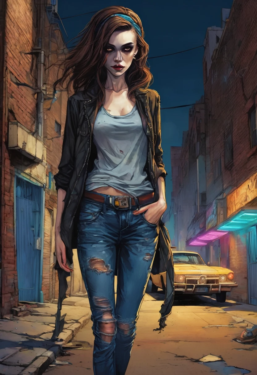 (good quality), (many details), (masterpiece), young girl with wild brown hair, a third eye on her forehead, vampiress, emaciated, well, at night, in an alley, torn jeans and old used t-shirt, headscarf bi9s pulled over the forehead, modern city