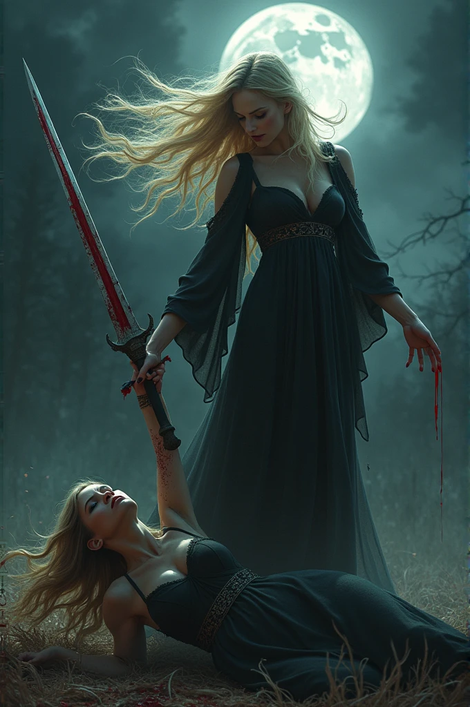 Goddes Hekate goddess of magic, witchcraft, the night, moon, ghosts and necromancy hits a blonde, screaming Christian woman, she falls to the ground and hits her with a bloody sword.