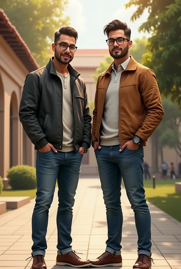 (photorealism:1.2), two beautiful mans, glasses, "peruvians", university, tall, short hair, no beard, casual clothing, engineers, soft lighting, relaxed pose, realistic, intricate details, warm colors, by Greg Rutkowski, by Alphonse Mucha