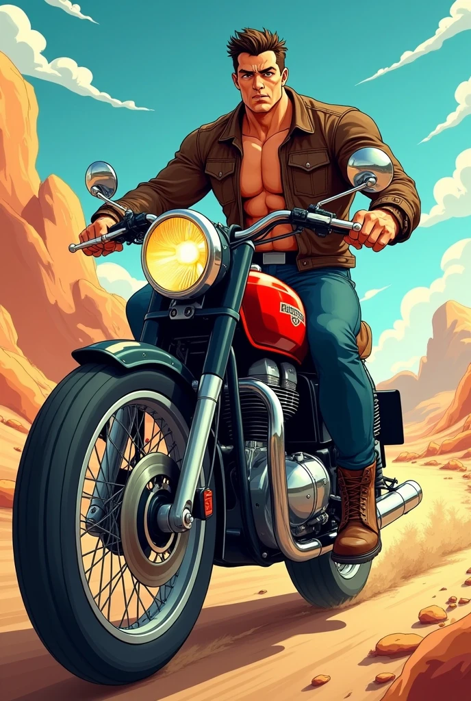 A muscular guy riding Royal Enfield hunter 350 anime or cartoon Ai 