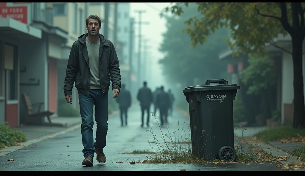 A man is walking, The man gets scared because suddenly a garbage can appeared next to him