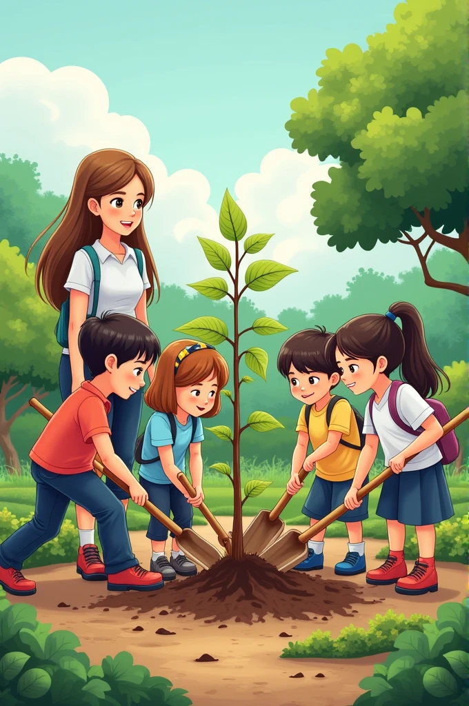 Create me a drawing of.
The picture shows a group of students planting trees in the school garden.. Each student has a shovel and is helping to place a young tree in a hole.. A teacher gives them instructions and supervises the activity.. The atmosphere is one of collaboration and commitment to nature.