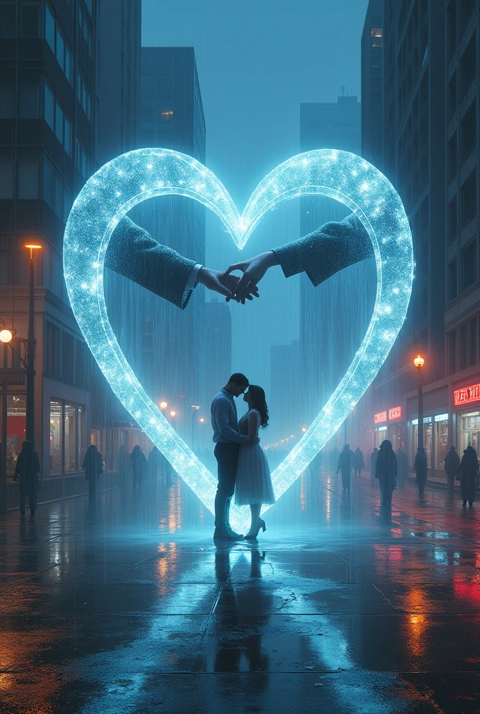 Rain landscape、evening、City、Glass Open Heart、Neon color、In the glass heart, there are arms holding hands、Fantasy、romantic、high resolution、Wide angle、distinct、Real、vivid、beautiful、masterpiece