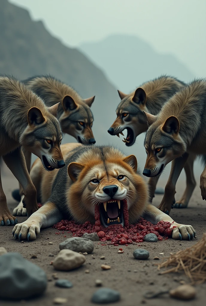 Wolves devouring a dead lion without showing blood