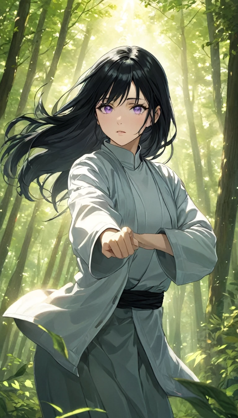A young woman with long, straight black hair and pale lavender eyes, wearing a soft, light gray jacket with a high collar. Her hair flows gently in the breeze, framing her serene and determined expression. Her skin is fair, and she has a slightly shy yet strong demeanor. She stands in a forest clearing, with dappled sunlight filtering through the leaves, casting delicate shadows on her face. Her hands are positioned in front of her as if she's about to perform a martial arts move, showcasing her graceful yet powerful stance. The background features lush greenery and tall trees, adding a sense of depth and tranquility to the scene. The overall atmosphere conveys a mix of strength, calm, and determination.