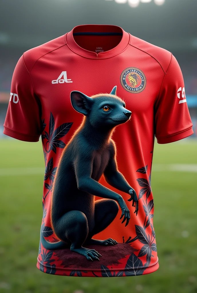 An olingo animal team jersey with predominantly red color