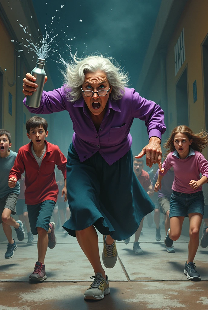 Create a poster of a mean old woman with a metal bottle throwing water at children and the children running into the school and chasing after the bottle with a purple shirt. The old woman with glasses terror with mid skirt with a very terror face