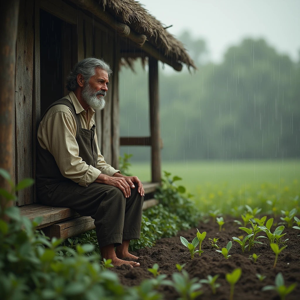 Create an image of a farmer sitting on a wooden bench outside a humble cottage, looking at the rain-soaked fields. The farmer’s face shows a mixture of patience and faith, as small seedlings push through the wet soil, representing the wait for the Lord’s blessing and growth.