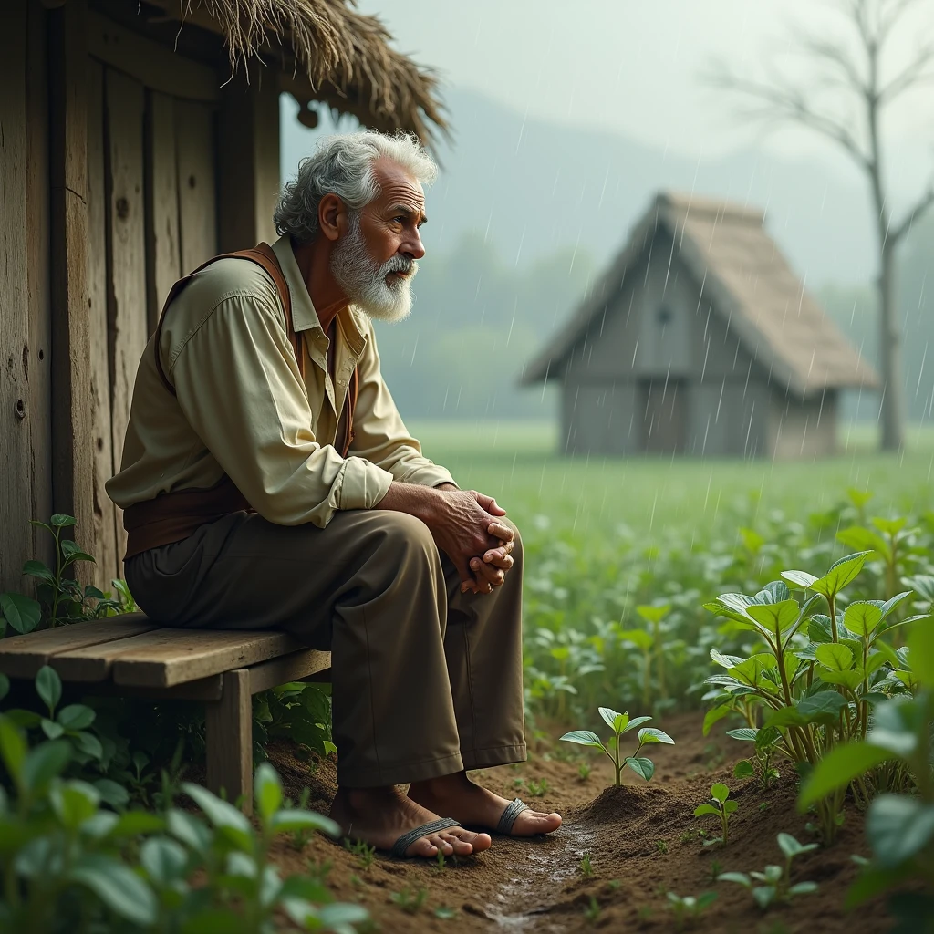 Create an image of a farmer sitting on a wooden bench outside a humble cottage, looking at the rain-soaked fields. The farmer’s face shows a mixture of patience and faith, as small seedlings push through the wet soil, representing the wait for the Lord’s blessing and growth.