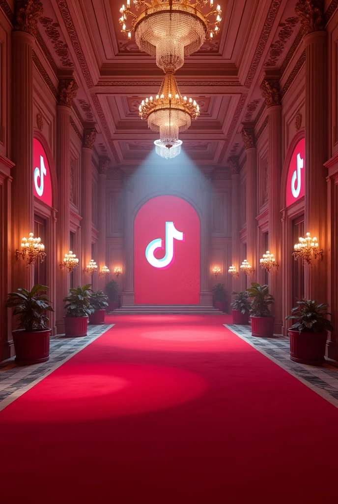 A large hall with red carpet and TikTok signsA large hall with a red carpet and TikTok signs with lighting