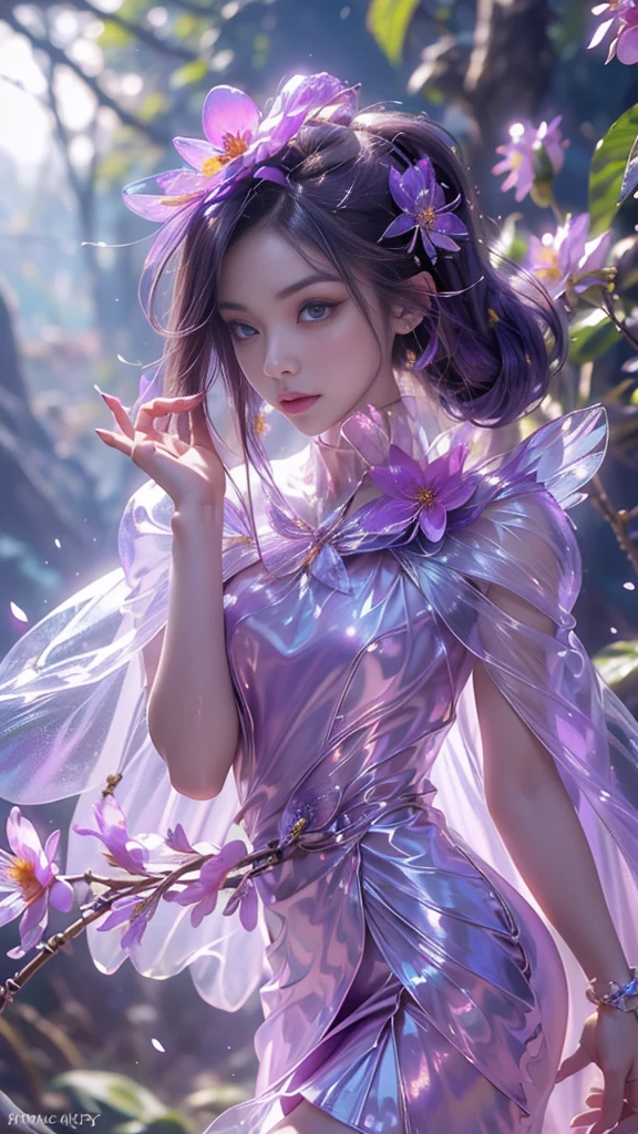 8k, masterpiece, 1 girl, beautiful face, very long hair, light makeup, (glossy skin:1.5), detailed eyes, detailed lips, small bust, short clothing, dragonfly, ((purple dragonfly clothing)), ((flowing cape)), light clothing, (flower falling:1.5), god rays, depth of field, ray tracing,