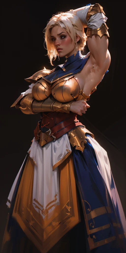 (black background) 1soloefemale, low angle, from below, paladin templar lady in white tabard, correct anatomy, epic fantasy digital art, tmasterpiece, 8k, high definition resolution, detailed drawing, superior quality, epic composition, female muscular body cover breastplate, muscular turned arms behind body