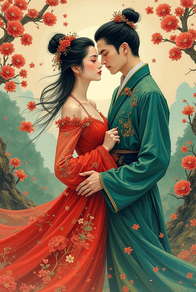 Chinese ink brushstrokes,Van Gogh's Swirl Brushstrokes,Dopamine bright,Pop Art Style,Ancient landscapes,With green,Fusion of poetry and painting,innovative art style,A sweet couple,Energetic and confident young Oriental women and men,Young woman elegant and intellectual,Young men are angry,Wearing ink-and-wash clothing,The romantic atmosphere of Chinese Valentine's Day is full,Movie color scheme,Surrounded by vintage floral patterns,Vibrant brushstrokes,Expressive,full-body shot,illustration,Extreme details,Fine and clear brushwork,Delicate oil painting,Ultra HD resolution,panoramic,Depth of Field,Extreme details,masterpiece,8K resolution