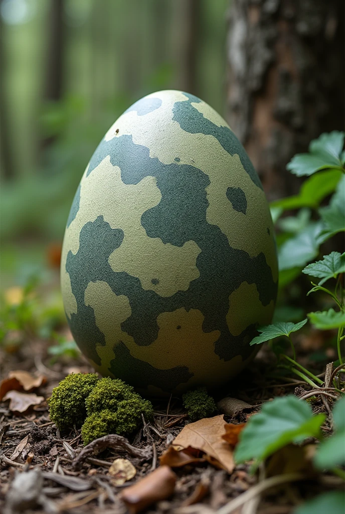 Camouflage Egg: An egg that blends seamlessly into its environment, with patterns that mimic natural elements like leaves, bark, sand, or even urban textures like brick or concrete. The idea would be for the egg to be almost invisible in certain settings and white background