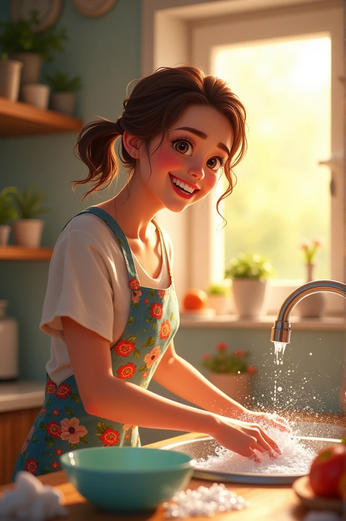 Happy young woman washing dishes 